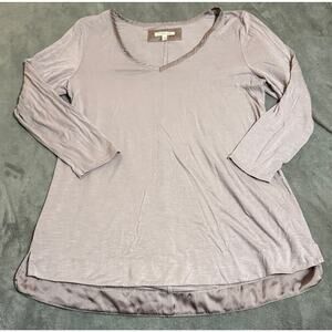 Anthro Pure Good V Neck 3/4 Length Sleeve Tunic Top Purple Lavender SZ Large